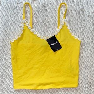 Yellow Floral Crochet-Trim Tank Top